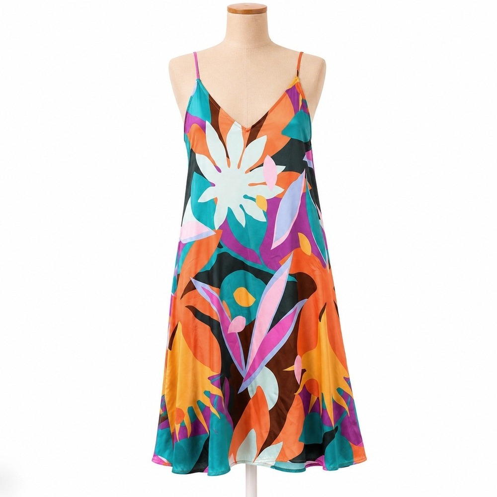 Colorful Floral Satin Slip Dress Sz L Adjustable Beach Resort Coastal Boho Euro